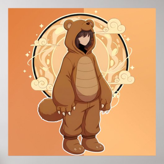 Cute Anime Boy in Bear Poster (Voorkant)