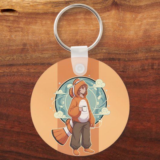 Cute Anime Boy in Clownfish Costume drinking Coffe Sleutelhanger (Voorkant)