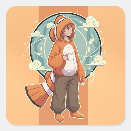 Cute Anime Boy in Clownfish Costume drinking Coffe Vierkante Sticker (Voorkant)