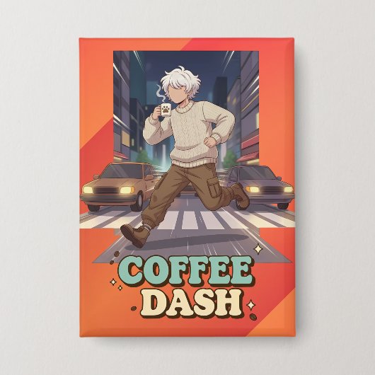 Cute Anime Boy Running in the City with Coffee Button (Voorkant)