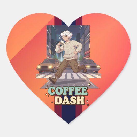 Cute Anime Boy Running in the City with Coffee Hart Sticker (Voorkant)