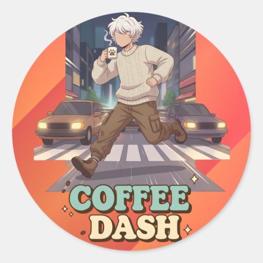 Cute Anime Boy Running in the City with Coffee Ronde Sticker (Voorkant)