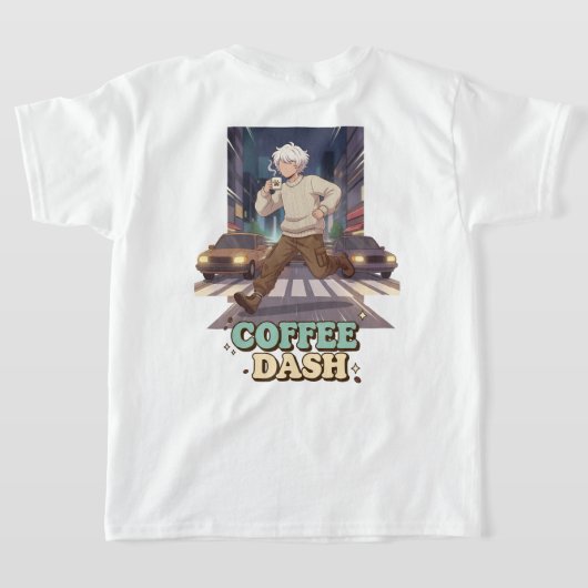 Cute Anime Boy Running in the City with Coffee T-shirt (Laag Achter)