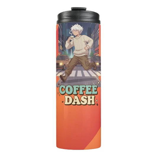 Cute Anime Boy Running in the City with Coffee Thermosbeker (Voorkant)