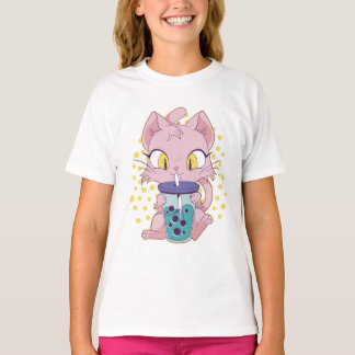 Cute anime cat drink boba tea t-shirt