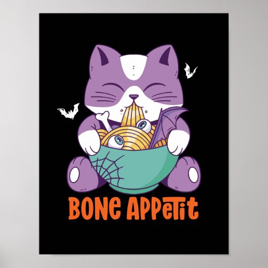 Cute Anime Cat Eat Ramen Bon Appetite Halloween Poster (Voorkant)