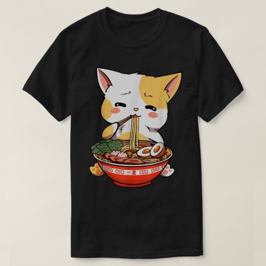 Cute Anime Cat Eating Ramen T-shirt (Design voorkant)