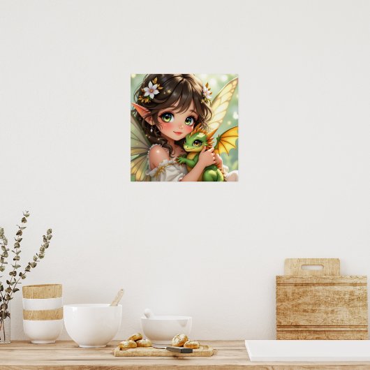 Cute Anime Fairy and Chibi Dragon Poster (Keuken)
