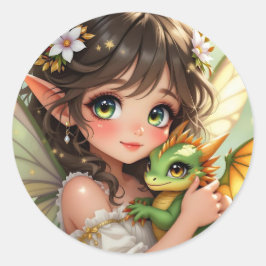 Cute Anime Fairy and Chibi Dragon  Ronde Sticker