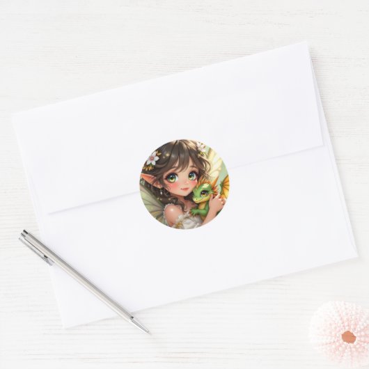 Cute Anime Fairy and Chibi Dragon  Ronde Sticker (Envelop)