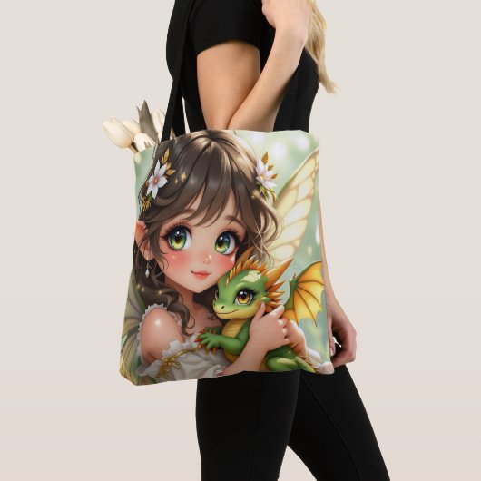 Cute Anime Fairy and Chibi Dragon  Tote Bag (Dichtbij)