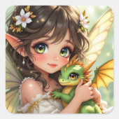 Cute Anime Fairy and Chibi Dragon  Vierkante Sticker (Voorkant)