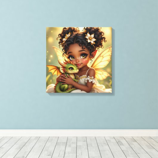 Cute Anime Fairy Girl and Chibi Dragon Canvas Afdruk (Insitu (Houten vloer))