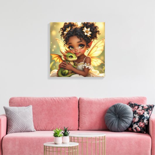 Cute Anime Fairy Girl and Chibi Dragon Canvas Afdruk (Insitu (Woonkamer))