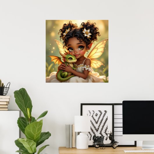 Cute Anime Fairy Girl and Chibi Dragon Poster (Thuiskantoor)