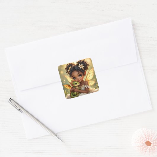 Cute Anime Fairy Girl and Chibi Dragon Vierkante Sticker (Envelop)
