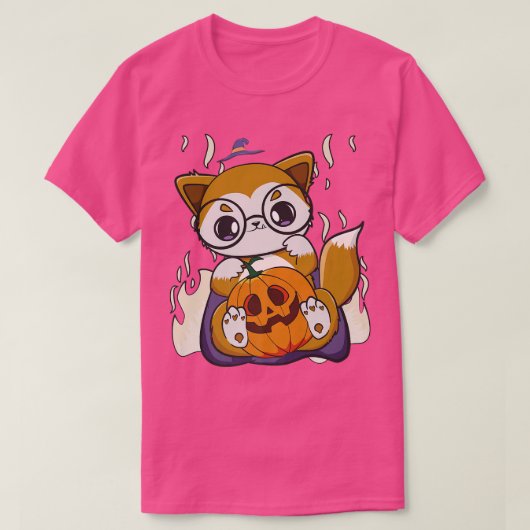 Cute Anime Fox Holds Kawaii Pumpkin for Halloween T-shirt (Design voorkant)