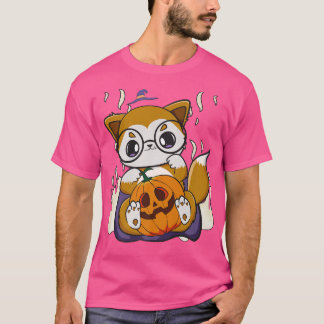 Cute Anime Fox Holds Kawaii Pumpkin for Halloween T-shirt