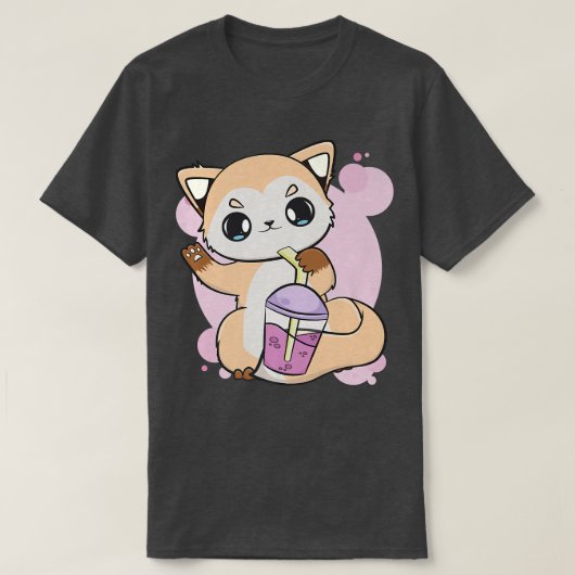 Cute Anime Fox met Boba voor bubbeltheeberprem T-shirt (Design voorkant)