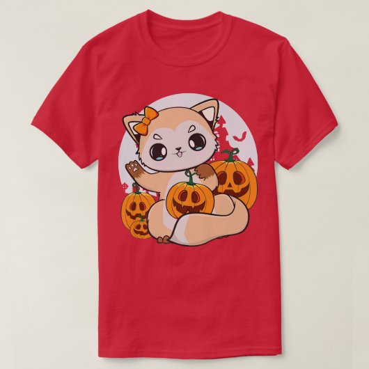 Cute Anime Fox met Kawaii Pumpkin voor Halloween P T-shirt (Design voorkant)