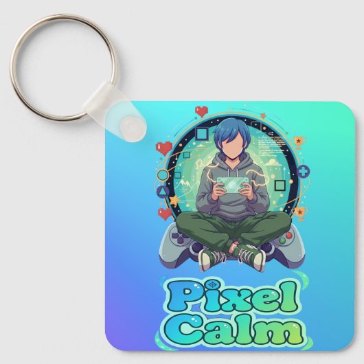 Cute Anime Gamer Boy Pixel Calm Sleutelhanger (Voorkant)