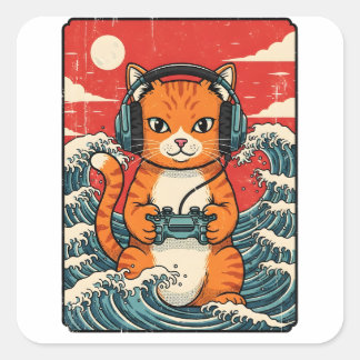 Cute Anime Gamer Cat Japanese Gaming Retro Vierkante Sticker