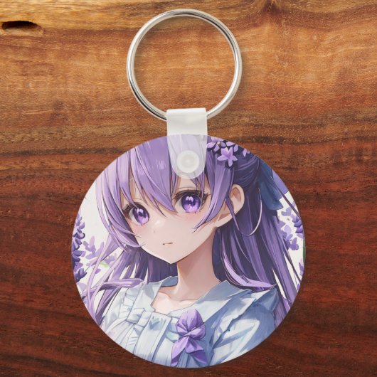 Cute Anime Girl en Lavender Sleutelhanger (Achterkant)