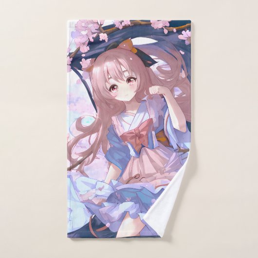 Cute Anime Girl onder een Cherry Blossom Tree Handdoek (Handdoek)