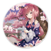 Cute Anime Girl onder een Cherry Blossom Tree Keramische Knop (Voorkant)