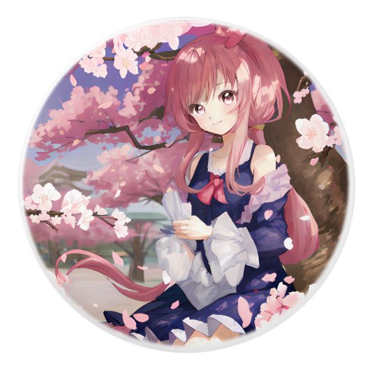 Cute Anime Girl onder een Cherry Blossom Tree Keramische Knop (Voorkant)