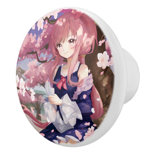 Cute Anime Girl onder een Cherry Blossom Tree Keramische Knop (Rechts)