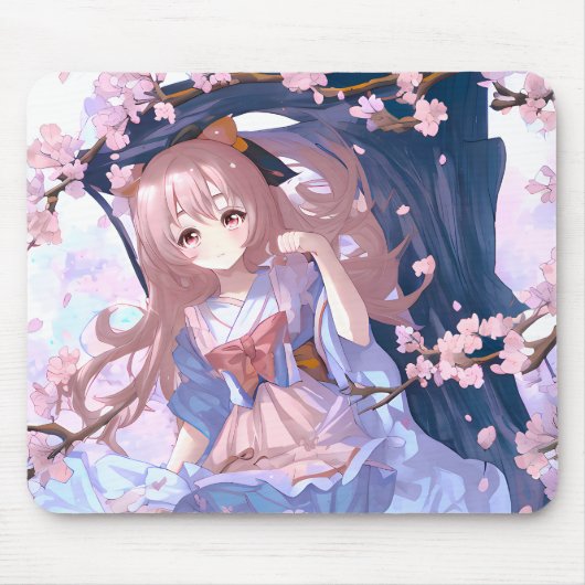 Cute Anime Girl onder een Cherry Blossom Tree Muismat (Voorkant)