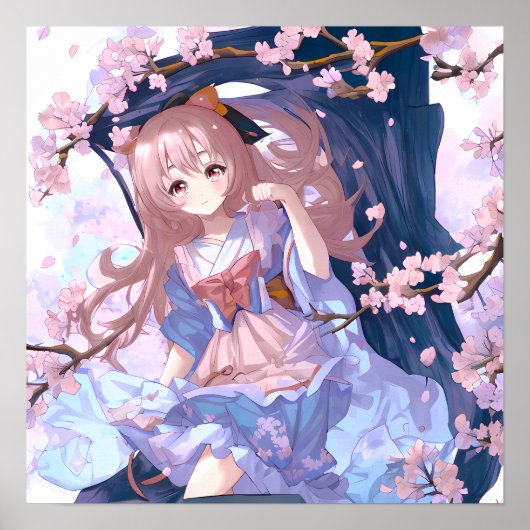 Cute Anime Girl onder een Cherry Blossom Tree Poster (Voorkant)