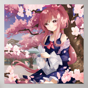 Cute Anime Girl onder een Cherry Blossom Tree Poster