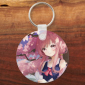 Cute Anime Girl onder een Cherry Blossom Tree Sleutelhanger (Voorkant)