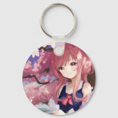Cute Anime Girl onder een Cherry Blossom Tree Sleutelhanger (Achterkant)