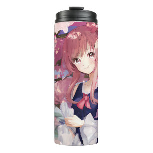 Cute Anime Girl onder een Cherry Blossom Tree Thermosbeker