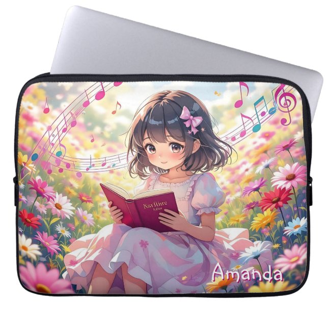 Cute Anime Girl Reading a Book Personalized Laptop Sleeve (Voorkant)