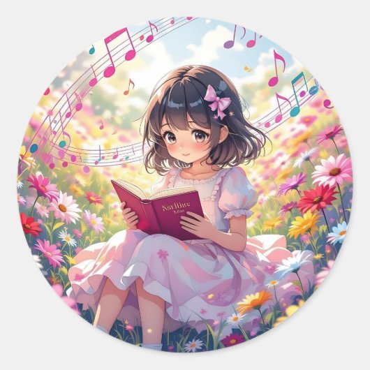 Cute Anime Girl Reading a Book Ronde Sticker (Voorkant)