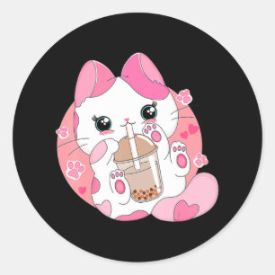 Cute Anime Kawaii Cat Boba Bubble Tea Girls Costum Ronde Sticker