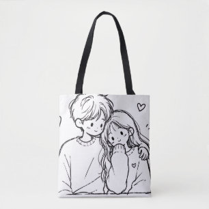 Cute Anime Koppel Lijn Kunst Boodschappentas Tote Bag