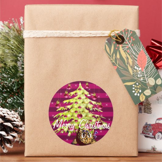 Cute Anime Leopard onder Limoen kerstboom Ronde Sticker (Feestdagen)