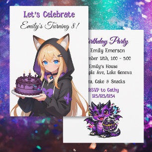 Cute Anime Meisje en Draak Meisje Verjaardagsfeest Kaart