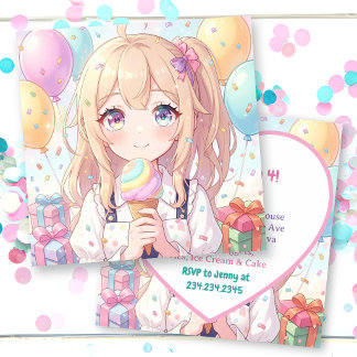Cute Anime Meisje Ijs Thema Verjaardagsfeestje Kaart