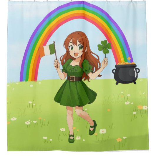 Cute anime redhead Saint Patrick's Day   Douchegordijn (Voorkant)