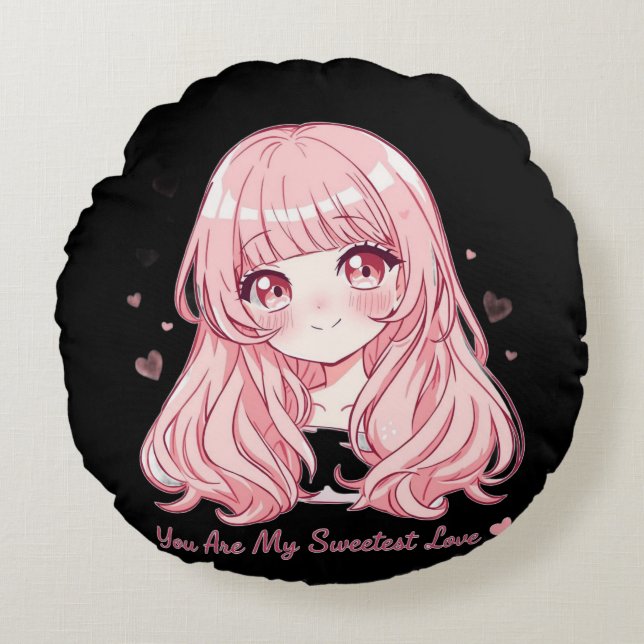 Cute Anime Valentijn T-shirt Rond Kussen (Voorkant)
