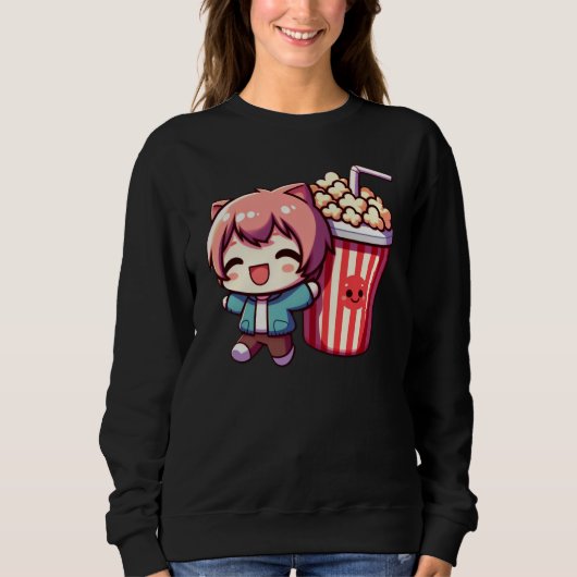 Cute Anime With Popcorn And Straw Sweatshirt (Voorkant)