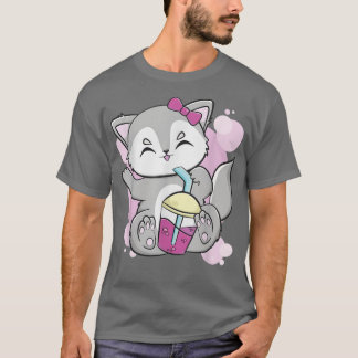 Cute Anime Wolf Drink met Boba en Pearl T-shirt