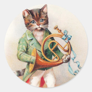Cute Anthropomorphic Cat met French Horn Ronde Sticker