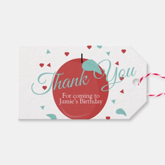 Cute Apple Confetti Verjaardag Rood Teal Cadeaulabel (Voorkant (Horizontaal))